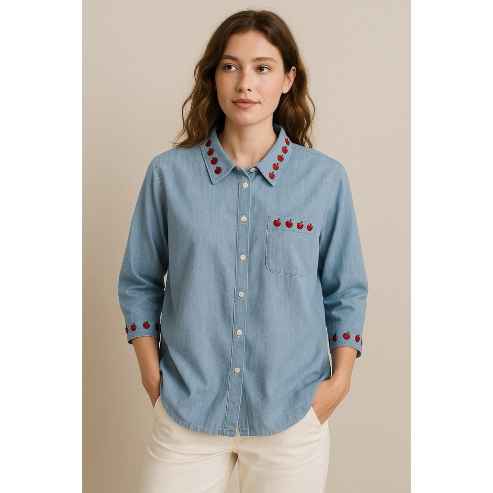 Bechamel Women's Apple Embroidered Chambray Top L Blue Denim Teacher Cottagecore